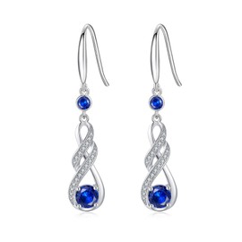 LOCIBLO September Birthstone Dangle Earrings for Women 925 Sterling Silver White Gold Infinity Pendant Blue Synthetic Sapphire Jewellery for Her