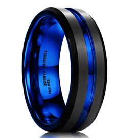 King Will DUO Mens 7mm Black Matte Finish Tungsten Carbide Ring Blue Beveled Edge Wedding Band(10.5)