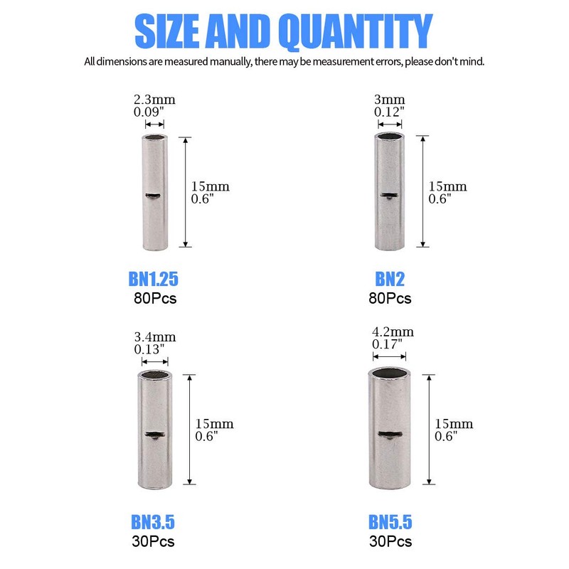 Glarks 220Pcs Non-Insulated Butt Connectors Assortment Kit, 22-16/16-14/14-12/12-10 AWG Gauge