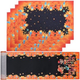 Camino de Mesa con 4 Piezas Mantel Individual Día de los Muertos Lino, Esqueleto Crisantemo Elemento Dibujos Animados, Decoraciones para Comedor Cocin