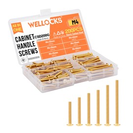 WELLOCKS Cabinet Pulls Knobs Screws M4 25-50mm 200PCS Assortment Gold Carbon Steel Nickel Plated Rustproof Cabinet Hardware