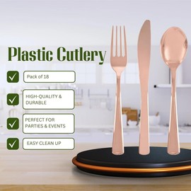 Rose Gold Solid Assorted Plastic Cutlery - Classy & Elegant Flatware Design - Perfect for Parties, Weddings & Events - 18ct