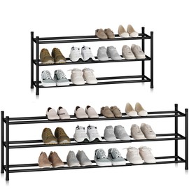 STORAGE MANIAC Long Expandable Shoe Rack, 18 Pairs Metal Wide Stackable Shoe Rack, Adjustable Shoes Shelf, Freestanding Shoes Organizer for Closet, Entryway, Hallway, Garage, Front Door, 3 Tiers
