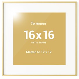 Fun Memories 16x16 Aluminum Picture Frames, Square 16x16 Frame Matted to 12x12, Metal Poster Frames 16 by 16 - Wall Hook Hanging Hardware Included - Gold, Set of 1