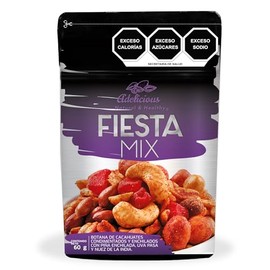 ADELICIOUS Fiesta Mix - Botana de Cacahuates Enchilados y Condimentados, Pasita, Pia Enchilada y Nuez de la India. Bolsa de 60 Gramos (Paquete de 6)  
