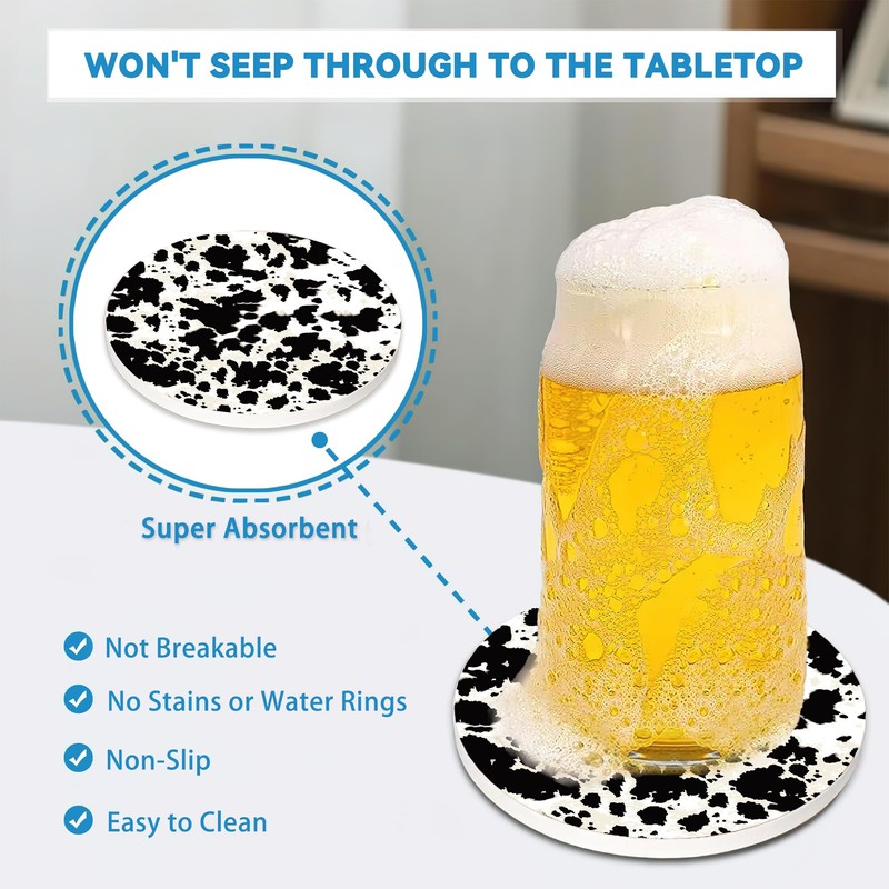 Drinks Coasters Set of 4, Cow Print Round 4" Cup