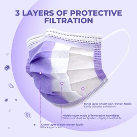 ZUBREX 50 Pcs Disposable 3 Ply Safety Face Mask for Protection - with Nanofiber Filter Lining - and Elastic Earloops (Purple)