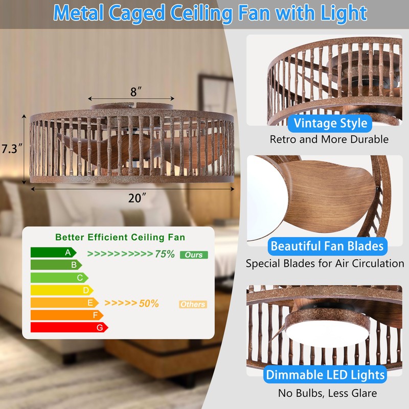 Coolbull Ceiling Fan with Light Remote Control - 20 Inch