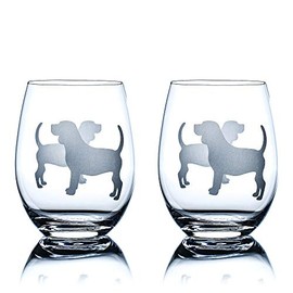 Beagle Stemless Wine Glasses (Set of 2) | Unique for Dog Lovers | Hand Etched with Breed Name on Bottom