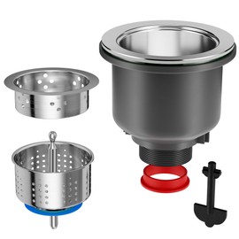 ST.THOMAS 3-1/2 Inch Kitchen Sink Drain Strainer and Drain Assembly Kit with Removable Deep Sink Strainer Basket and Sink Stopper Flat Cover Replacement for Home Standard Kitchen Sinks(Brushed Nickel)
