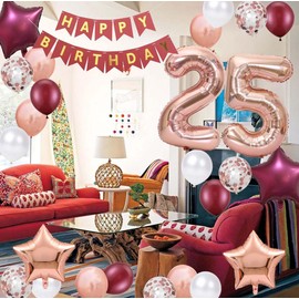 25th Birthday Party Decorations Rose Gold for Women,Birthday Banner Rose Red Number 25 Balloons Star Foil Balloons 25th Birthday Confetti Balloons for Women 25 Years Old Birthday Party(25th)