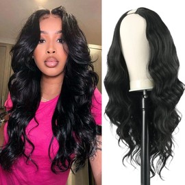 KRSI Black V Part Wig 24" Long Body Wave Synthetic U V Part Half Wigs Glueless Upgrade U Part Wig Glueless Full Head Clip in Hair Extensions for Black Women