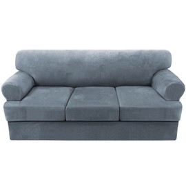 H.VERSAILTEX Sofa Cover 4 Piece T Cushion Sofa Slipcovers Thick Velvet Couch Cover Furniture Protector Stretch Sofa Covers for 3 Cushion Couch with 3 Individual Covers Washable, Stone Blue