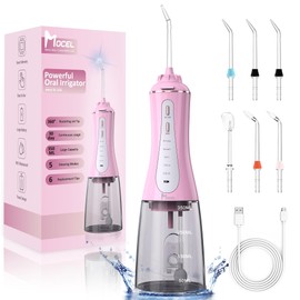 MOCEL Water Dental Flosser for Teeth - 350ML Large Tank 5 Modes & 6 Tips Cordless, Oral Irrigator Waterproof, Portable Teeth Cleaning and Flossing with Effective Plaque Remover for Adults (Pink)