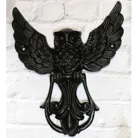 Ebros Gift Black Powder Coated Metal Rustic Flying Wise Great Horned Owl Fleur De Lis Door Knocker Sculpture with Built in Striking Plate Owls Birds Home Decorative Garden Cottage Accent