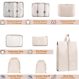 MOFELON Suitcase Organiser – 8 Pieces, Packing Cubes, Packing Cubes for Backpack, Travel Organiser, Packing Bags Set with Clothes Bags, Shoe Bag, Laundry Bag, Cosmetic Bag, Travel Gadgets, Apricot