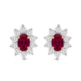 Jewelili 14K Rose Gold Over Sterling Sliver 6x4 MM Oval Created Ruby and 1/20 Cttw Natural White Round Diamond Cluster Stud Earrings, Metal, Created Ruby