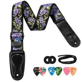 LEKATO LGS-6 Flower Bass Strap, Flower Guitar Strap for Bass, Electric & Acoustic Guitar, 2" Wide Guitar Straps with Leather Ends Artistic Woven Guitar Straps with Pick Holder 2 Safty Strap Locks & 6 Picks:_Red