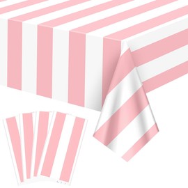 FuenteOrilla 4 Pcs Pink and White Striped Tablecloths Pink Stripe Tablecloths Waterproof Rectangle Striped Tablecloth for Holiday Picnic Birthday Theme Party Decorations, 130x220cm