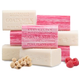 Australian Botanical Soap, Classic Goats Milk and Goats Milk with Raspberry 6.6 oz. (187 g) Soap Bars | All Skin Types | Women & Men | Shea Butter Enriched Bar Soap | 4 Bars of Each - Pack of 8