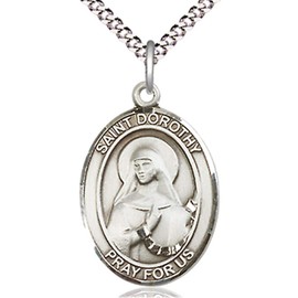 Heartland Store Women's Pewter Oval Saint Dorothy Medal + 18 inch Rhodium Plate Medium Curb Chain & Clasp| USA Made