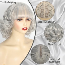 Grey Short Bob Wig with Bangs for Women Gray Synthetic Curly Natural Hair Wigs for Costume Cosplay Daily Use (Grey)