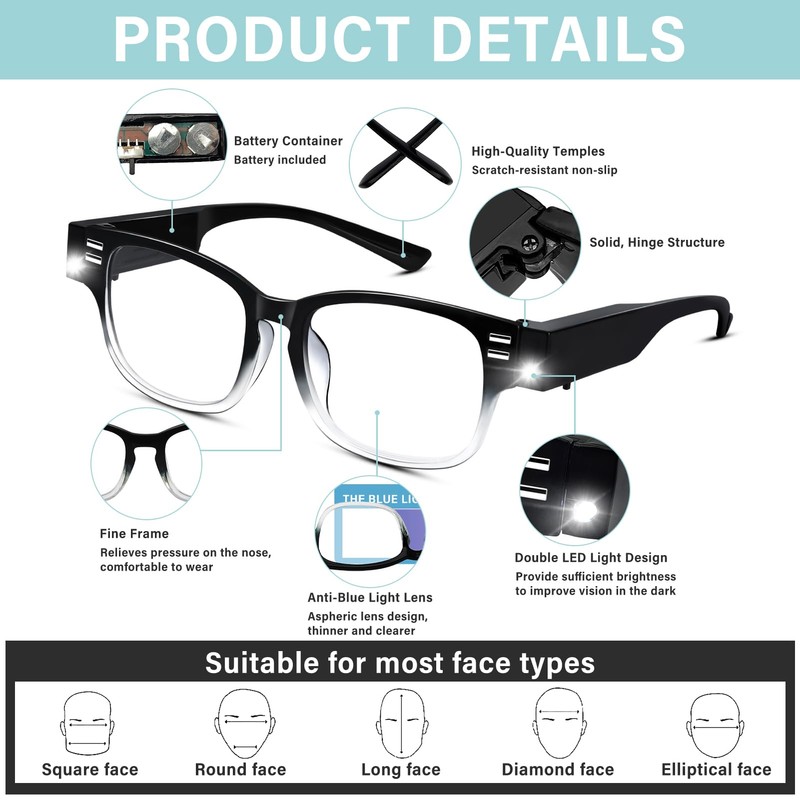 DuanMei Reading Glasses with Lights, Blue Light Blocking, Magnifying, 2.0