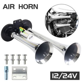 iimono117 Double Row Air Horn, 24V/12V, Silver Metallic Horn, Trucks Air Horn, For Car, Truck, Air Horn, Horn