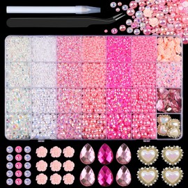 11000PCS Flatback Pearls and Rhinestones for Bedazzling Crafts, 140PCS 3D Flower Charms Big Teardrop Heart Gems for Nail Art, Costume Making, Tumbler Decoration with Tweezer & Pickup Pen (Pink)