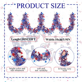 Gloreyan 33FT Patriotic Tinsel Garland Red White Blue 4th of July Metallic Twist Foil Tinsel Garland Shiny Hanging Decorations for Independence Day Memorial Day Celebration Party Decorations
