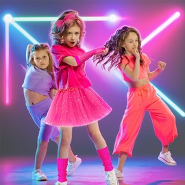 80s Costume Accessories Set for Girls, Fancy Dress for Kids 80s Pink Leg Warmers with Tutu Skirt Fishnet Gloves Earrings Headband Girls Party Dress for 80s 90s Disco Party Cosplay