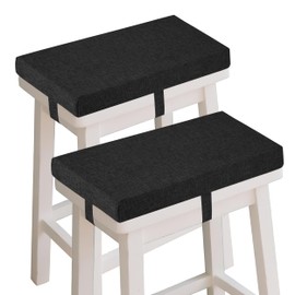 OVOV Set of 2 Bar Stool Cushions Rectangle Saddle Stool Cushion with Straps Non-Slip 2" Thick High-Resilience Foam with Machine Washable Cover 18" x 9.5" (Black)
