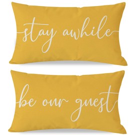 PANDICORN Farmhouse Lumbar Pillow Covers 12x20 Set of 2, Stay Awhile Be Our Guest Welcome Yellow Decorative Throw Pillow Cases Outdoor Spring Summer Decoration for Living Room Bedroom Guest Room Decor