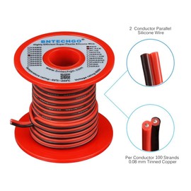 BNTECHGO 20 Gauge Flexible 2 Conductor Parallel Silicone Wire Spool Red Black High Resistant 200 deg C 600V for Single Color LED Strip Extension Cable Cord,Model,25ft Stranded Tinned Copper Wire