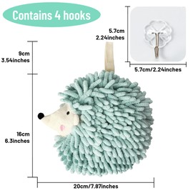 Dormercy Fuzzy Ball Towels, Hedgehog Decorative Hanging Chenille Hand Towels, with 4 Hooks, 2 Pack, Green and Gray