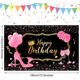 Sweet Pink Happy Birthday Backdrop Rose Shiny Sequin High Heels Champagne Golden Frame Party Photography Background Happy 30th 40th 50th 60th Birthday Decorations for Adults Women Photo Booth Props