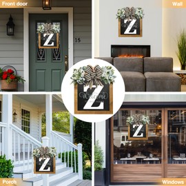 Last Name Welcome Sign for Front Door-14"x12", Wreaths for Front Door, 26 Letter Front Porch Decor Wreaths, Welcome Sign with Eucalyptus Garland and Bow, Wooden Farmhouse Wall Decor, Housewarming Gifts (Z)