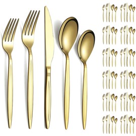 Evanda Gold Silverware Set 60 Piece Service for 12, Titanium Gold Plated Stainless Steel Modern Flatware Set, Knives Forks Spoons Set for Wedding, Parties, Birthday, Restauroom, Dishwasher Safe