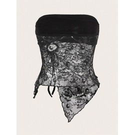 GORGLITTER Women's Y2K Tube Top Strapless Backless Lace Crop Top Sexy Going Out Cami Top Streetwear Black M