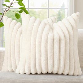 decorUhome Faux Fur Cushion Covers 45x45 cm Set of 2, Decorative Soft Plush Striped Neutral Pillow case 18X18 Inch with Velvet Back for Sofa, Bed, Living Room Home Decor, Cream White