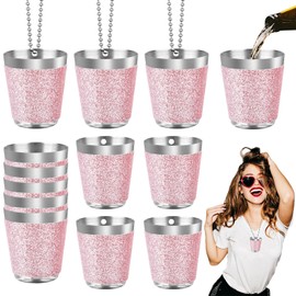 Begpoee Pack of 12 Shot Glasses Stainless Steel 30 ml, Shot Cup Metal for Hanging, Shot Cups with Chain, for Wedding Parties, Carnival, Birthday Party, Bachelorette Party (4.2 x 3.7 cm, Pink + Silver)