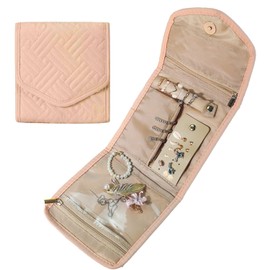 TORMEN Travel Jewelry Organizer Case, Foldable Jewelry Roll for Women, Compact & Lightweight Storage for Rings, Necklaces, Earrings Bracelets, （Soft Pink）