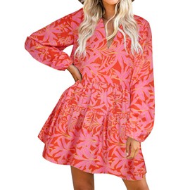 FANCYINN Long Sleeve Shift Tunic Dress Ruffle Swing Babydoll Juniors Mini Tiered Dress with Pockets Pink Floral L