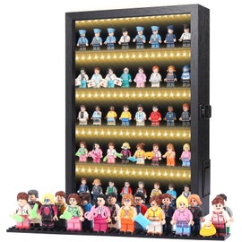 Minifigure Display Case – Black 16″ × 12″ × 2″ Showcase Cabinet with LED‑Lit Shelves, Mini Figurines Display Case with Built‑in Feet, Battery‑Powered, Cord‑Free Collection Display
