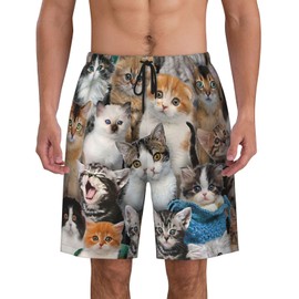 Mens Swim Trunks with Mesh Lining,Cute White Cat Black Kitten Funny Kitty Quick Dry Swimsuit Board Shorts Beach Pants Swimwear Bathing Suits L