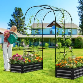 DoCred Galvanized Raised Garden Bed with 87" H Arch Trellis for Climbing Plants, Raised Outdoor Planter Garden Box with Climbing Netting for Gardening, Climbing Vegetables, Flower, Black