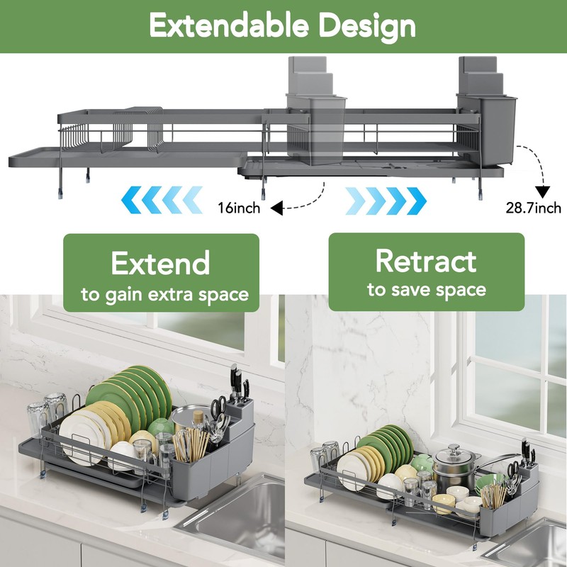 ROTTOGOON Expandable Dish Drying Rack,Multifunctional Adjustable Dish Drainer with Swivel
