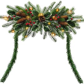 Christmas Swags for Decorating Outdoor, 4.4FT Christmas Mailbox Swag Garland with Lights, Green Artificial Christmas Decorations with leaves Pine Cones Red Berries for Holiday Indoor Window Home Decor