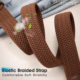 XZQTIVE Women Elastic Braided Belt with Silver Buckle, Woven Stretch Fabric, Brown, Fits Waist Size 25-36 inch
