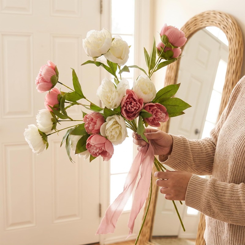 Faux Silk Peonies Artificial Flowers (4, Old Rose White)